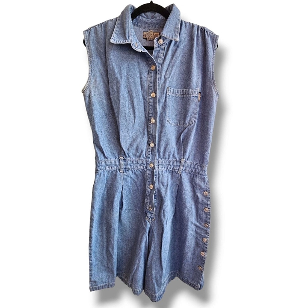 Vintage 90s Denim Blue Jean Cap Sleeve Button Down Romper Size Large